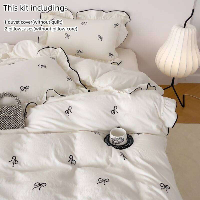 3pcs bow embroidery Bedding set ruffles Duvet Set (1*Duvet Cover + 2*case, Without Core)for bedroom guest room