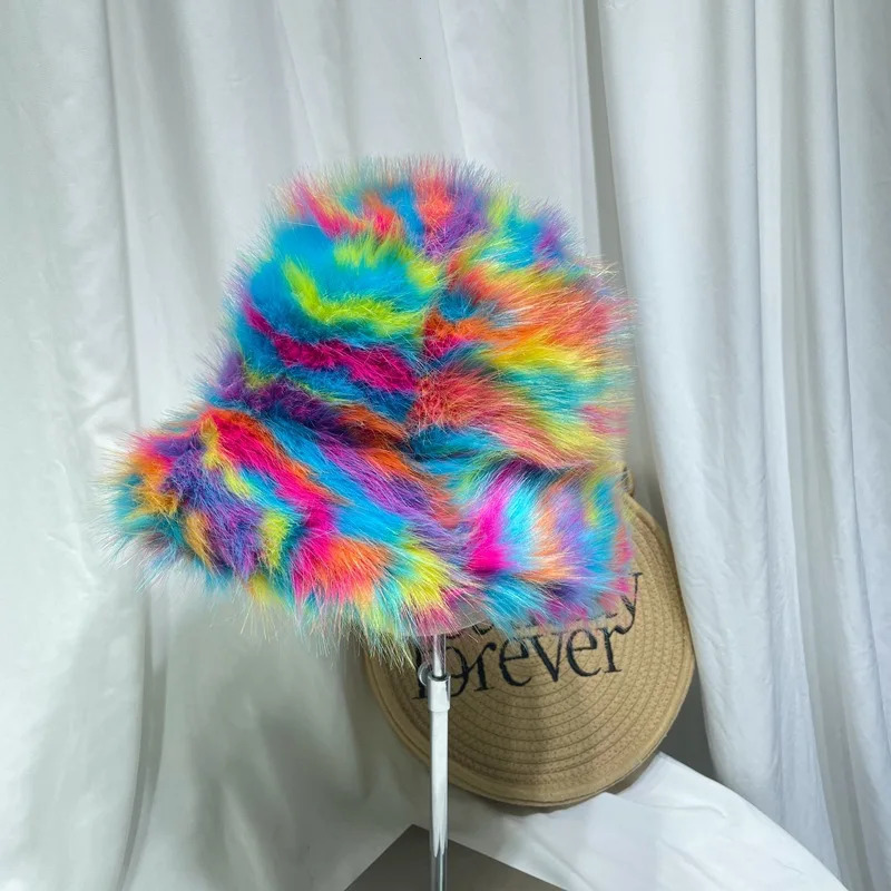 Korean Version Autumn And Winter Faux Fur Fisherman Hat Womens Rainbow Color Blocked Plush Warm Basin Hat 250819