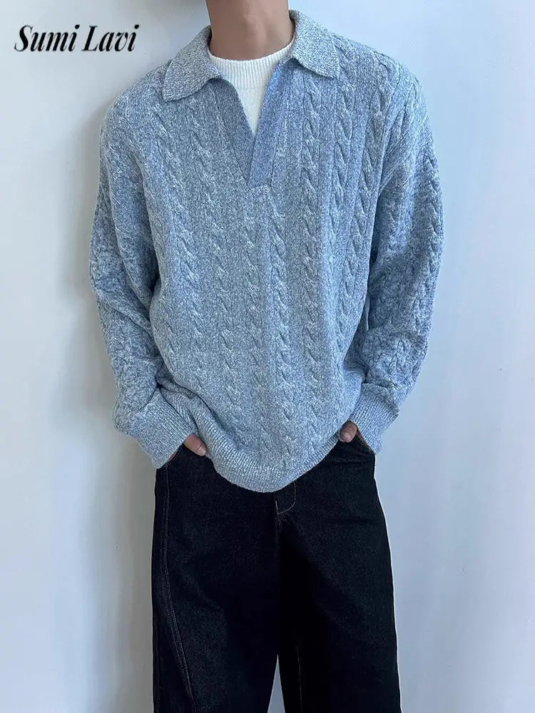 Vintage Twist Textured Knit Polo Shirts Mens Autumn Casual Long Sleeve Lapel Sweaters Mens Fashion Solid Color Knitted Jumpers 250818