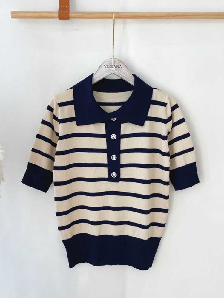 Korean Fashion Women Tops Striped Button Turn-Down Collar Knitted Sweater Short Sve Ice Silk Pullover Fe Sueters De Jer XJ250819