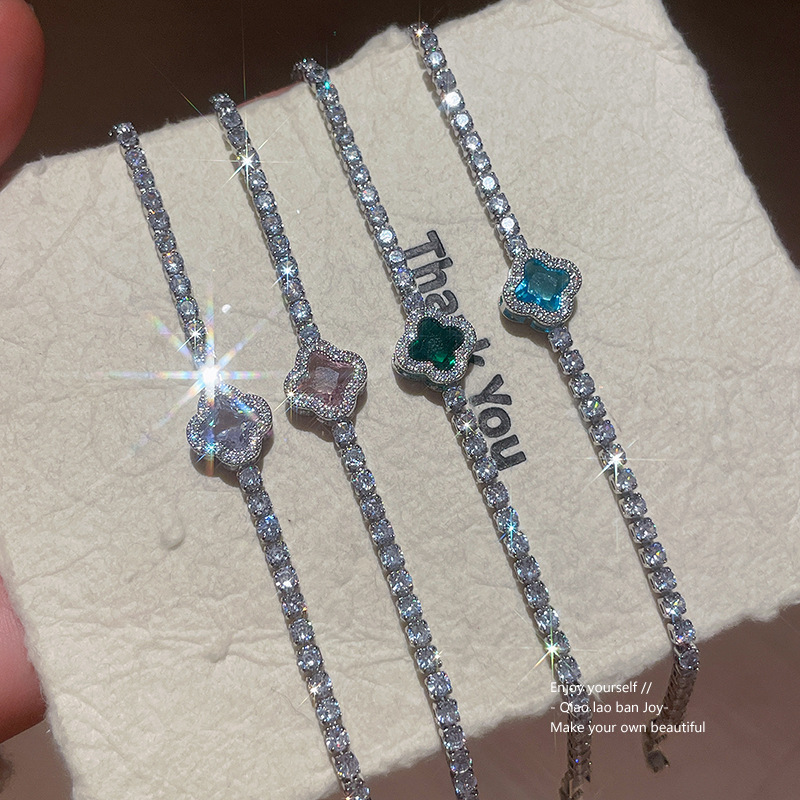 Silver Tone Clover - Shaped Blue Stone Bracelet With Crystal Accents Elegant Daily And Party Wear Gift For Her High Quality And Stylish Jewelry