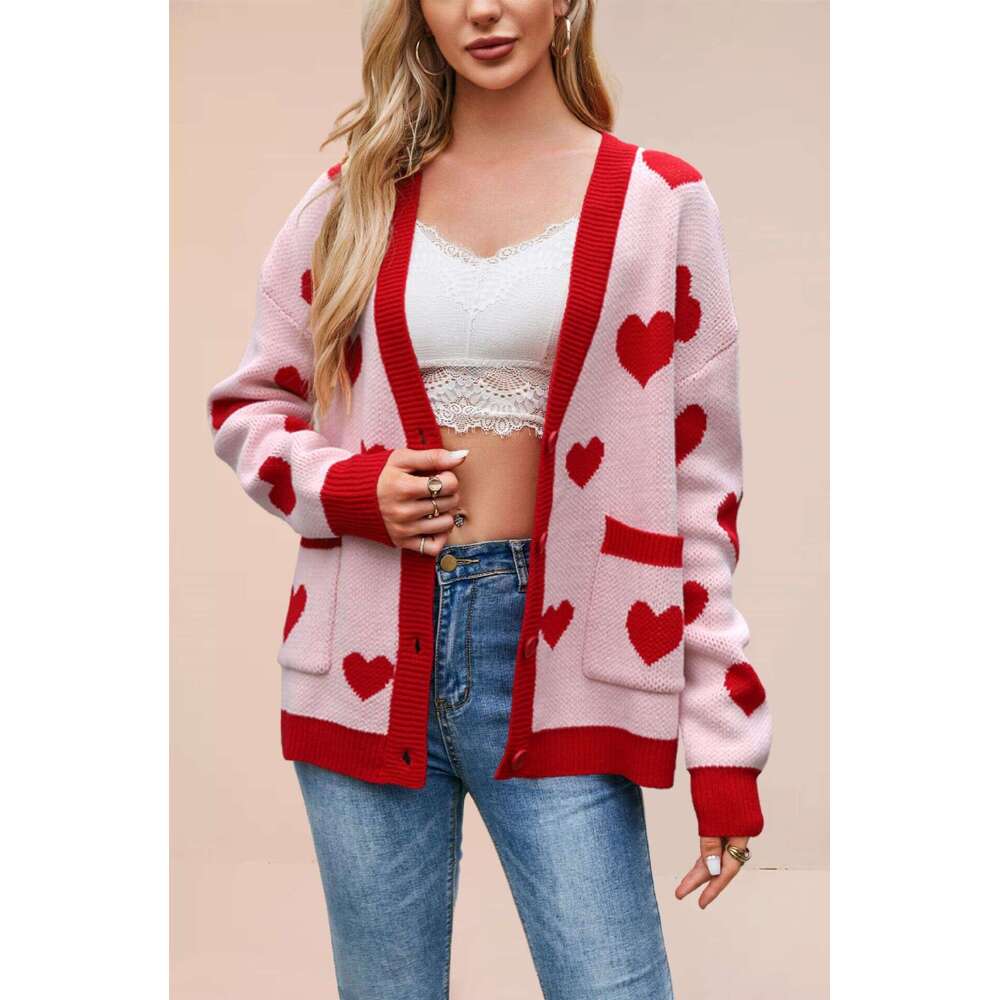 New Women's Valentine's Day Heart Peach Cardigan Pocket V-Neck Short Jacket B5