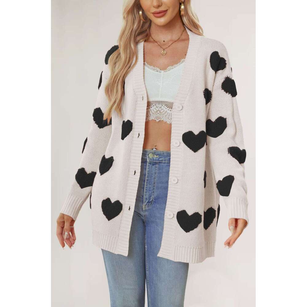Autumn Winter New Temu Valentine's Day Heart Knitted Mid-Length Coat V-Neck Button Cardigan For Women B5