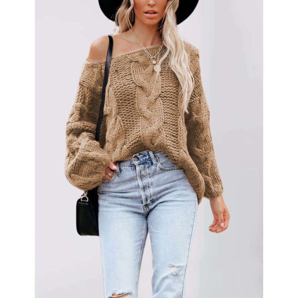 Autumn And Winter New Women's Street Style Off-Shoulder Cable Knit Pullover Loose Knitted Sweater B5