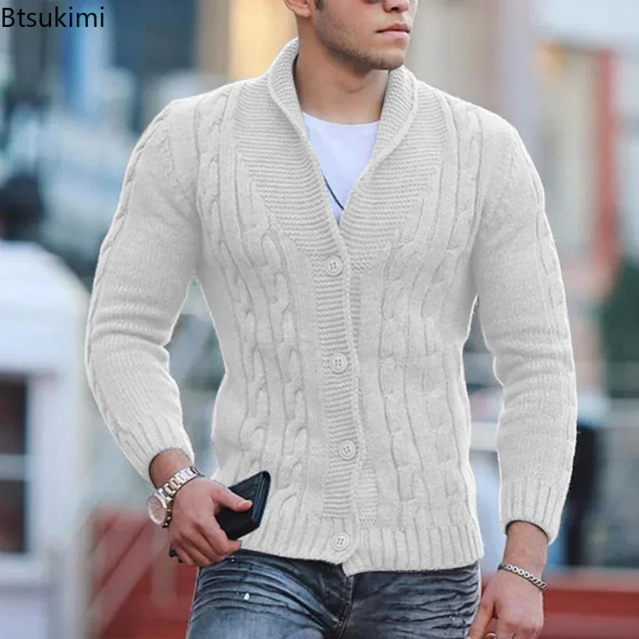 Autumn Winter Mens Warm Knitted Sweater Solid Singlebreasted Twisted Texture Cardigan Lapel Slim Buttoned Thick Male 250819