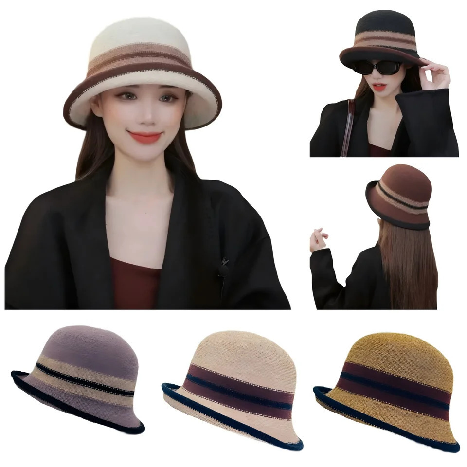 Autumn and Winter French Color Matching Elegant Temperament Bucket Hat Fashion Explosion Retro Thermal Basin Hat 250819