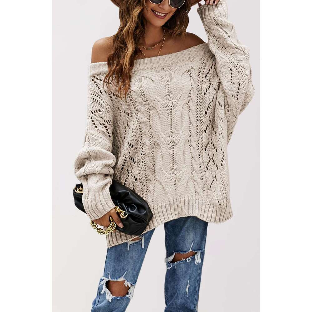 New Autumn And Winter Women's Off-Shoulder Loose One-Line Collar Solid Color Pullover Knitted Sweater B5