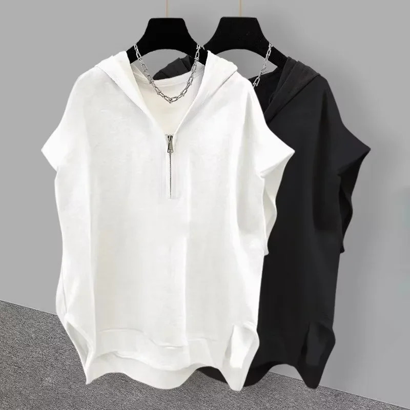 Summer Zipper Hooded Sleeveless T-shirt Mens Korean Fashion Tank Tops 2025 Y2K Streetwear Casual Vests Hip Hop Tee Shirts 250819