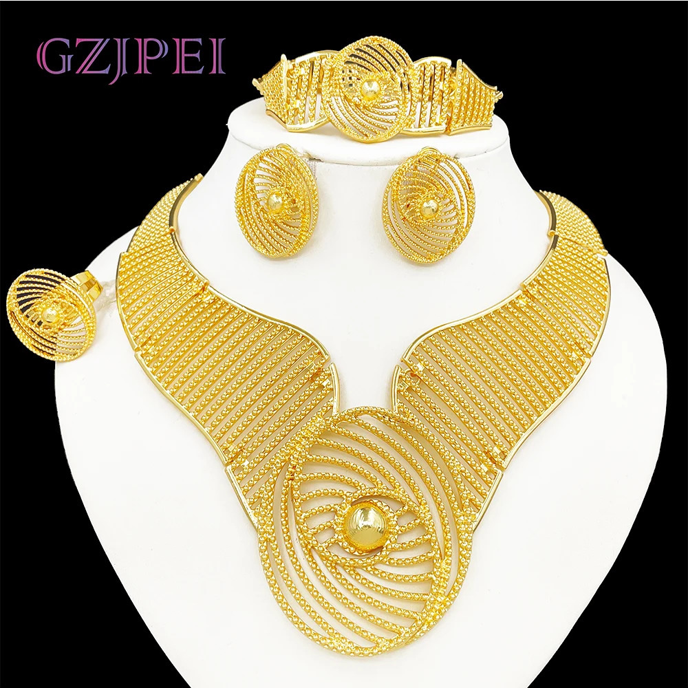 Africal Gold Color Big Jewelry Set Hollow Out Necklace Bracelet Earring Ring For Women Bridal Wedding Jewellery Gift 250818