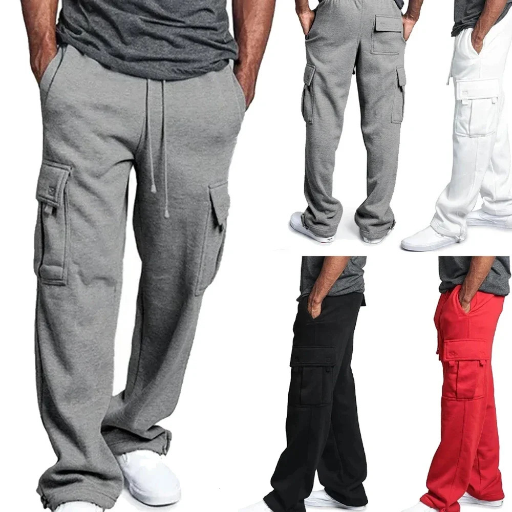 Mens Autumn-Winter Cargo Jogger Fleece Sweatpants Loose Multi-Pocket Long Trousers for Hip Hop Street Style 250819
