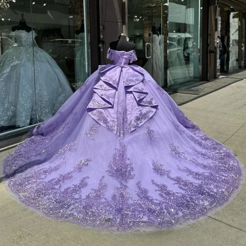 Lavender Shiny Off The Shoulder Ball Gown Quinceanera Dresses Sequined Appliques Lace Beads Tull Sweet 16 Dress Vestidos 15 Anos