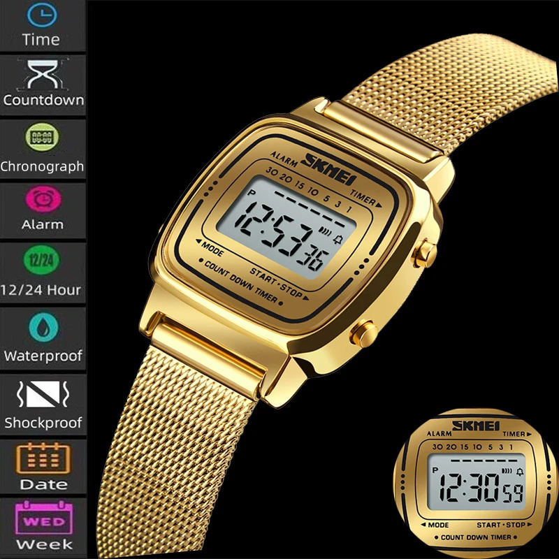 Skmei Women Bracelet Dress Watches Stainless Steel Strap Fashion Waterproof Digital Chronograph Wristwatch 250819