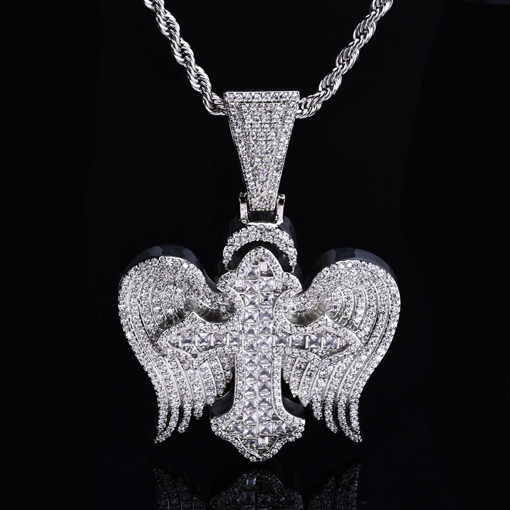 Fashion Angels Demons Iced Out Cross Micro Moissanite Paved Wing Necklace High Quality Men Women Hip Hop Jewelry Pendant