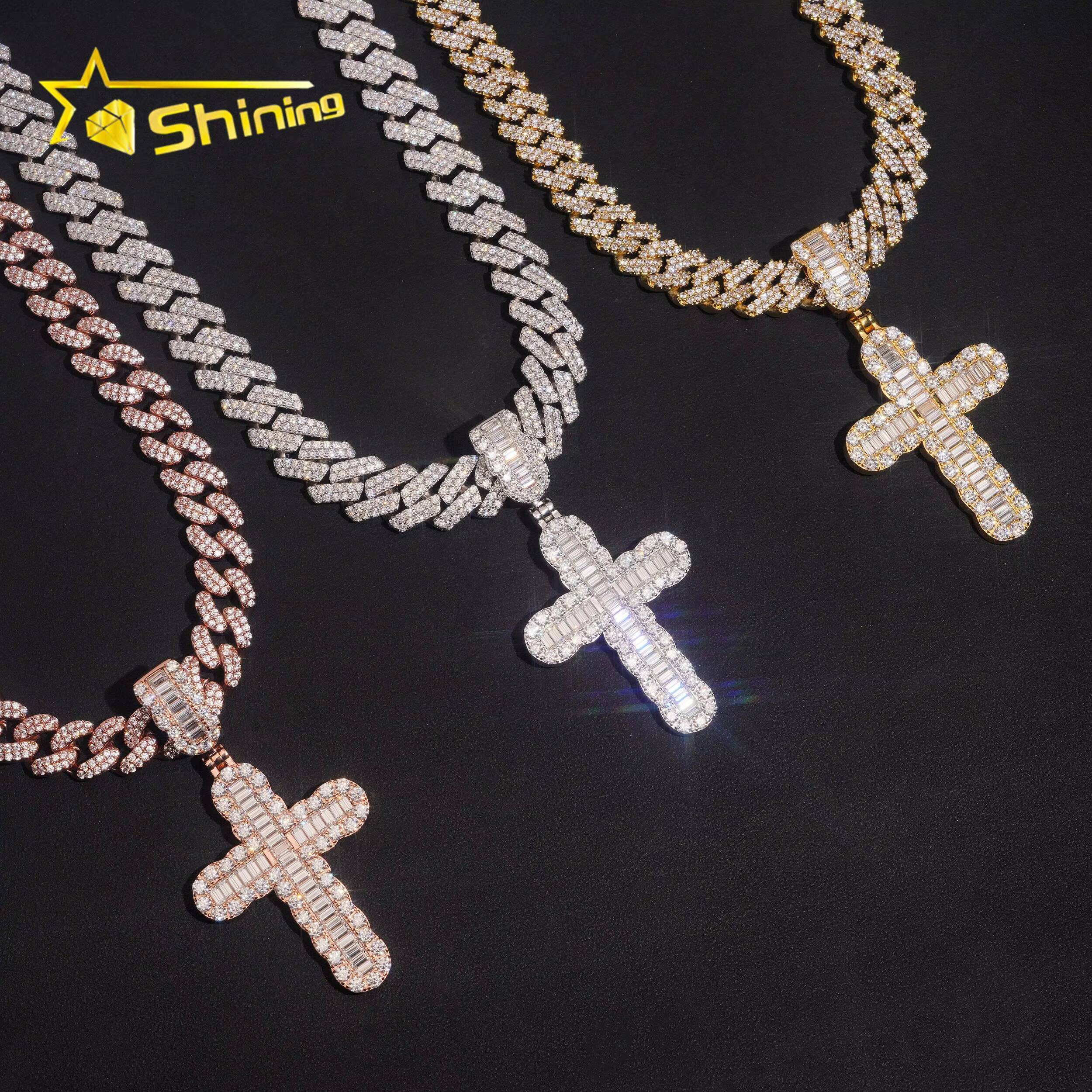 New Arrivals Hip Hop Style Rapper Jewelry 925 Silver Baguette Charms Moissanite Cross Pendant
