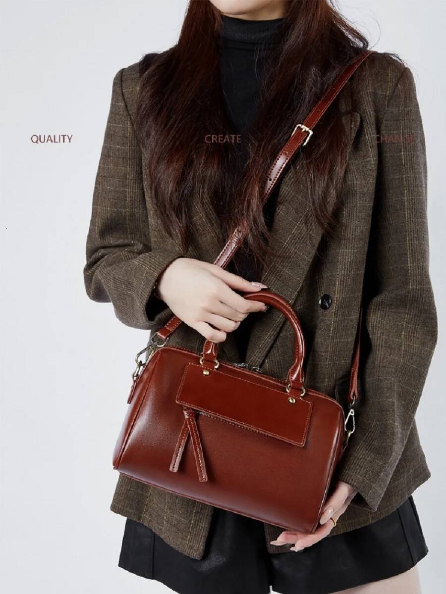100% Genuine Leather Boston Korean Style Handbag Ladies Fashion Shoulder Cowhide Crossbody Bag For Women
