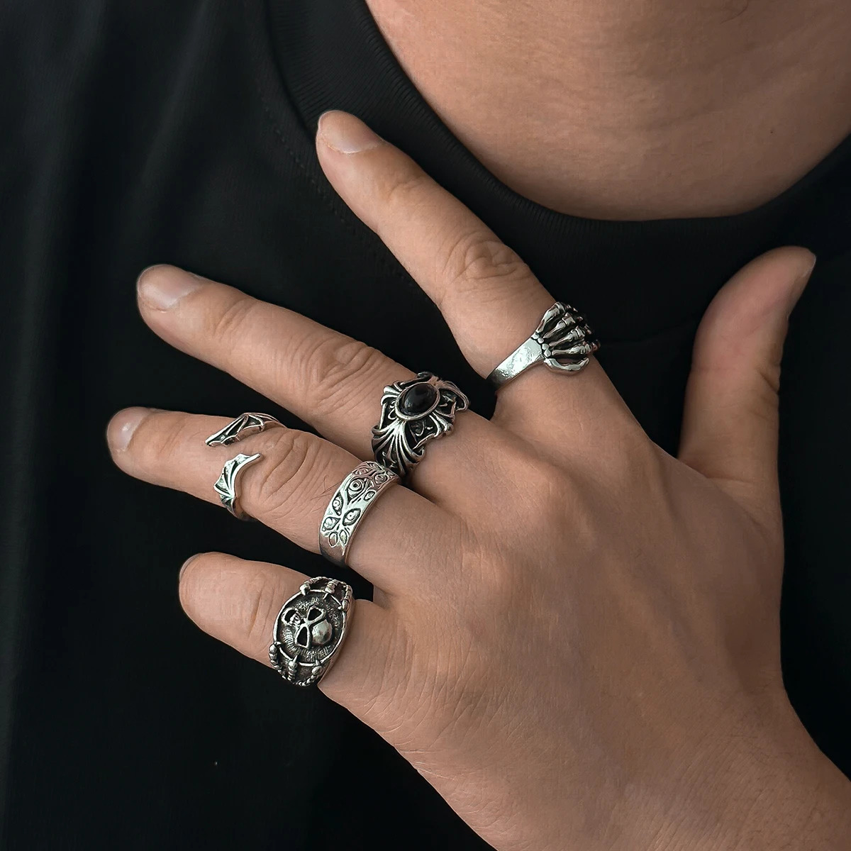 SHIXIN Gothic Skull Claw Cross Ring Set for Men Vintage Silver Color Adjustable Open Rings Male Punk Jewelry Finger Accessories 250815