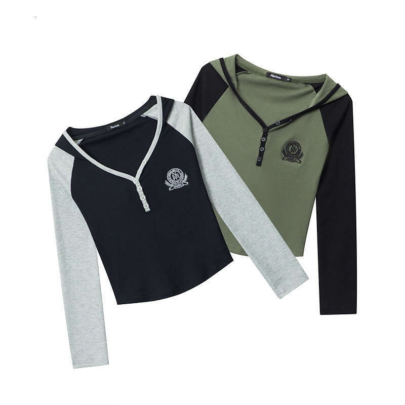 Cotton Thread Embroidery Color-Block Hooded Hot Girl Short Long Sleeve T-Shirt Crop Top For Women B3