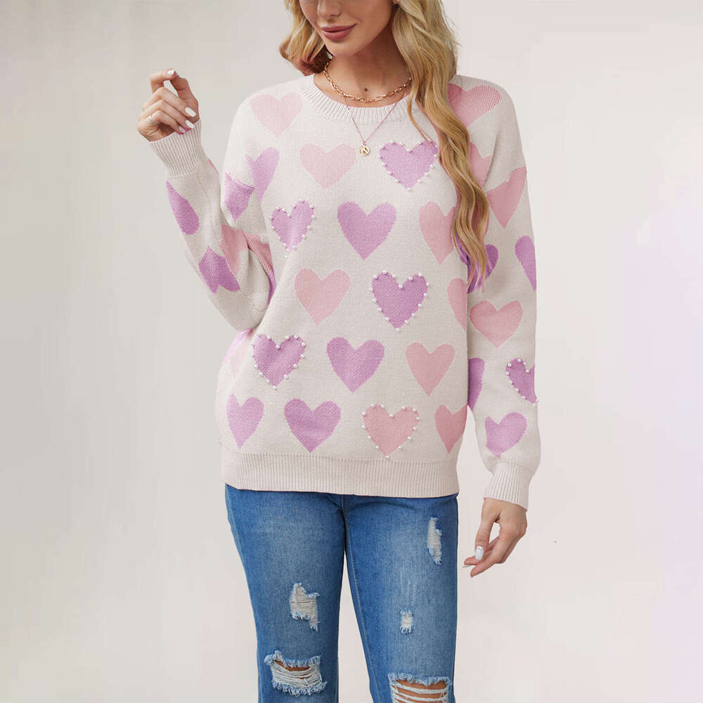 Winter New Valentine's Day Heart Peach Pullover Round Neck Handmade Beaded Craft Knit Sweater B5