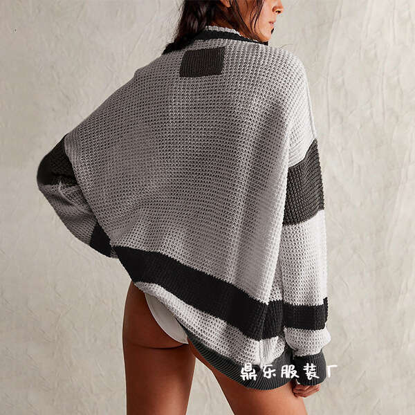 New Autumn Winter Knitted Coat Plus Size Pocket Color Block Cardigan Sweater Women's Clothing B5