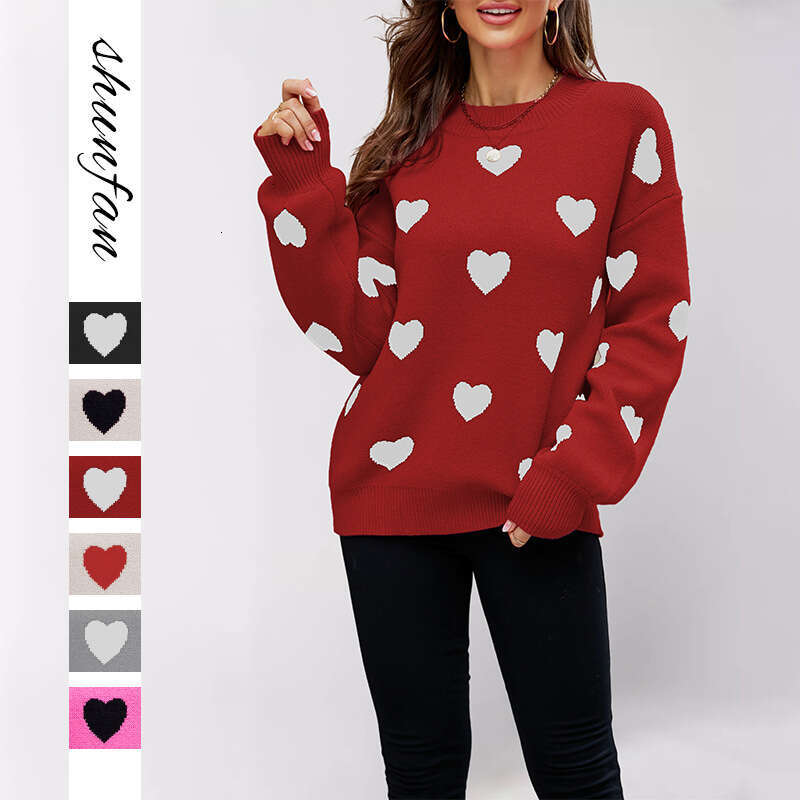 Winter Women's New Valentine's Day Heart Peach Pullover Knitted Loose Sweater B5