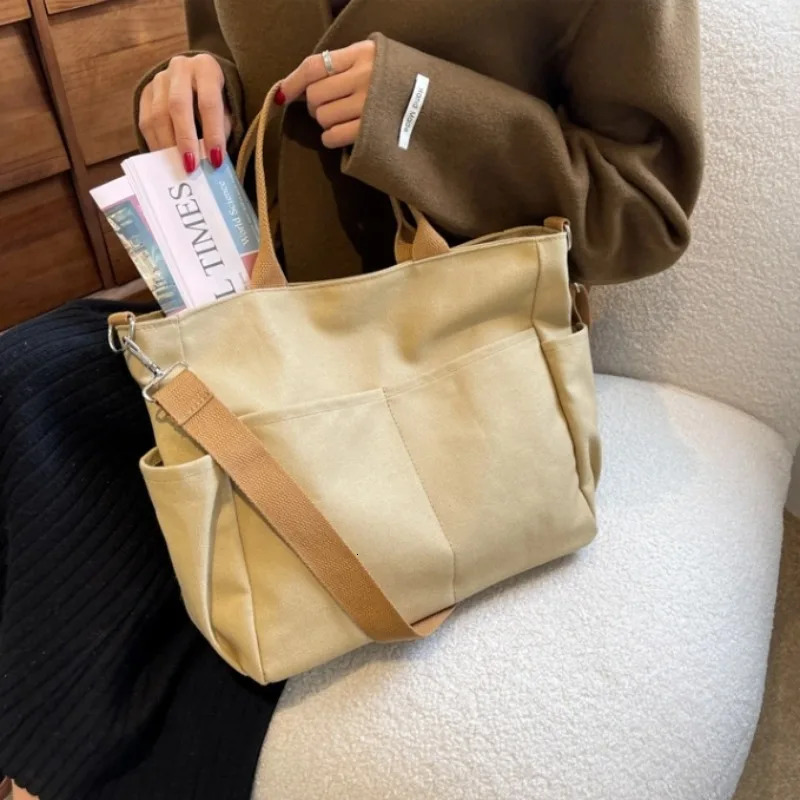 Ins Lazy Wind Canvas Big Bag Korean Version Of The Single Shoulder Crossbody Bag Female Simple Literary Solid Color 250814