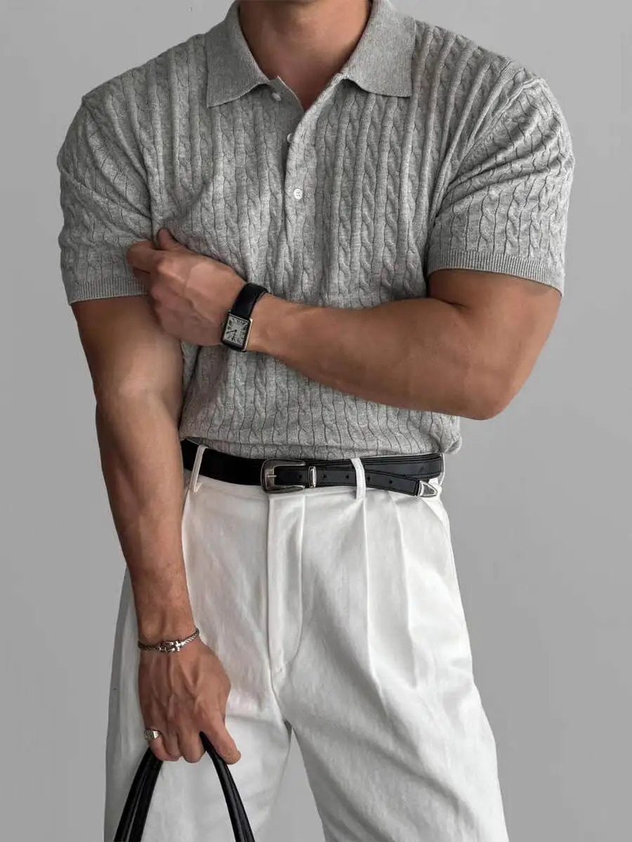 American Sle Hard Man Knitted irt Muscle Men Slim Fit Elastic ort Sve Turn-down Collar Sweatirt Tight Sve ... 250818