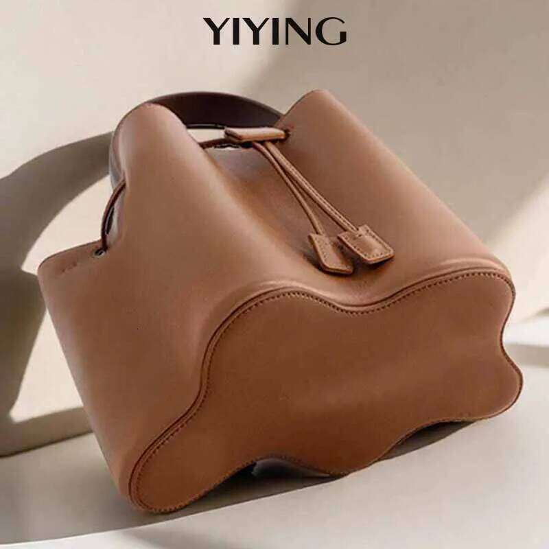 New Fashion And Elegant Turkish Pleated Drawstring Bucket Handbag Shoulder Messenger Bag Dark Brown Beautifully Decorated