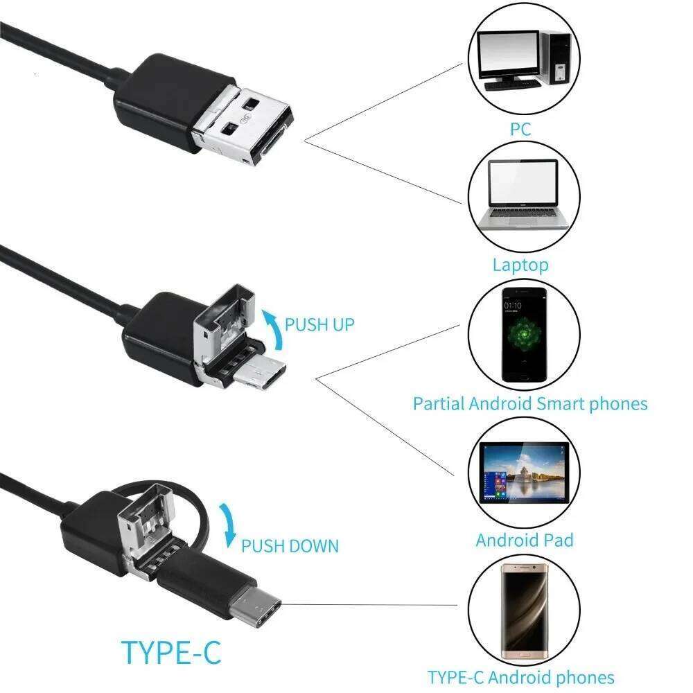 7Mm Android Endoscope 3 In1 Micro USB Type C Borescope Mini Camera Waterproof LED Car Inspection For HUAWEI XIAOMI PC