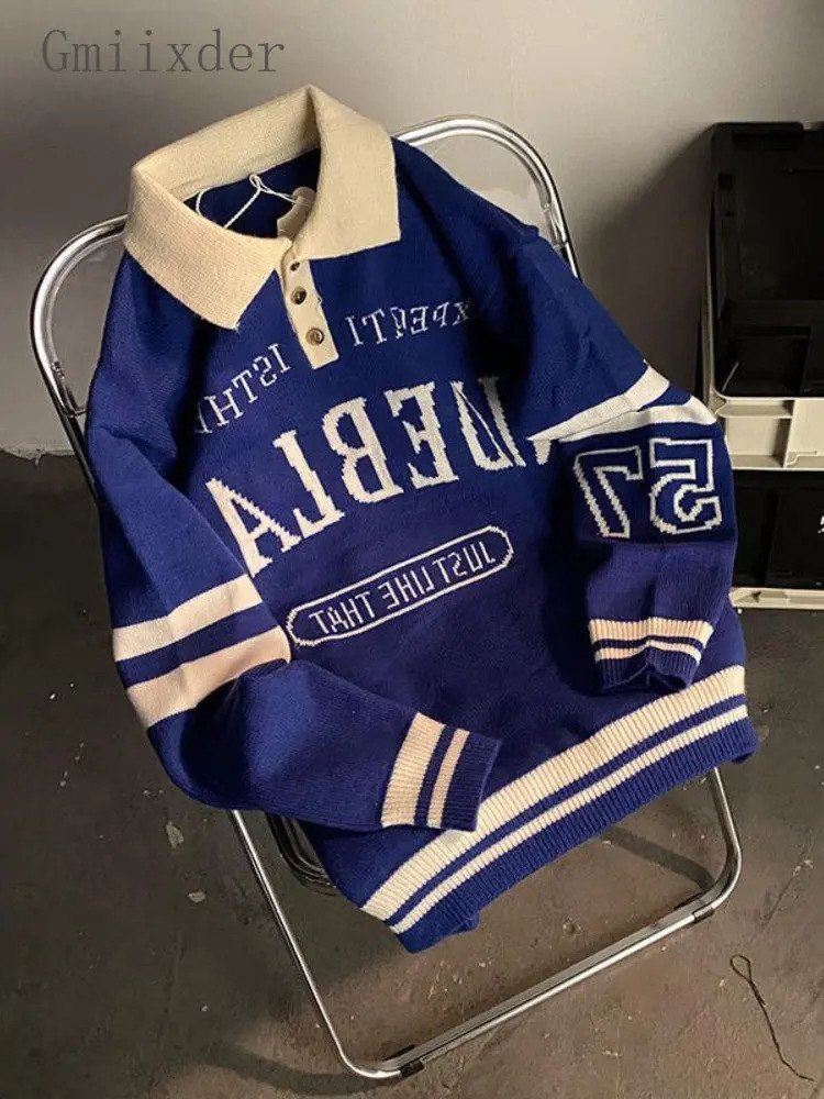 Gmiixder American Retro Lapel Sweater Men Hip Hop Vintage Street Letter Pullover Unisex Grunge Punk Preppy Striped Racing Top 250819
