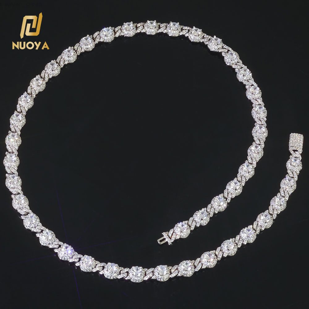 NUOYA 7.5mm Iced Out Diamond Station Chain Necklace Hip Hop Jewelry Silver Gold Plated Unisex Gift for Men Women Party