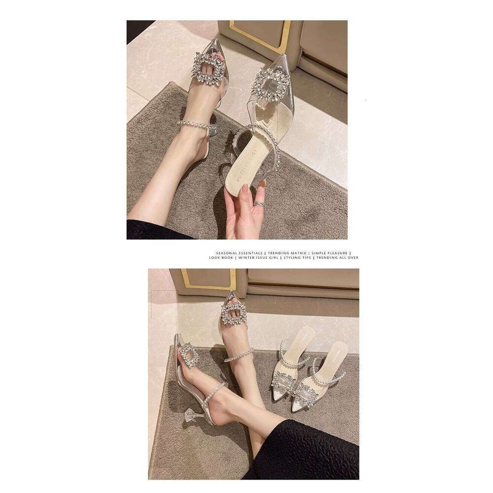 Shoe 35-42 Plus Size Designer Shoes Thin Slippers for Women 2025 Summer New Rhinestone Square Buckle High Heel Transparent Closed Toe Half Sandals