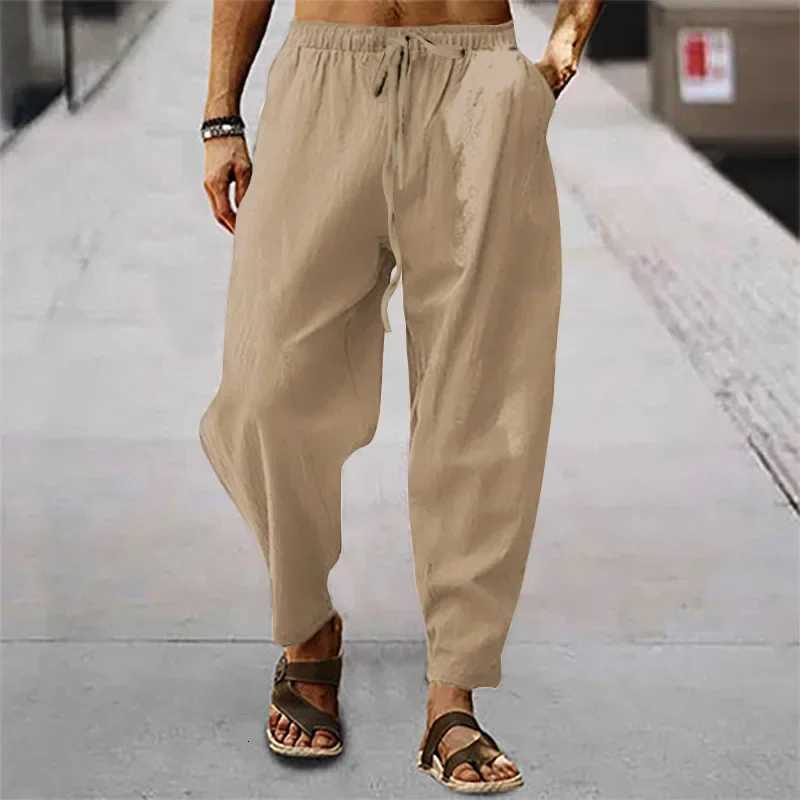 2025 Men Cotton Linen Pants Summer and Autumn Solid High Waist Wide-Leg Trousers Male Loose Hemp Casual Breathable Sports Pants W250819