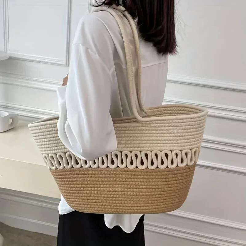 Knitting Kits Fabric Khaki Beach Large Capacity Handmade Straw Summer Holiday Leisure Bag Women Shopping Bags