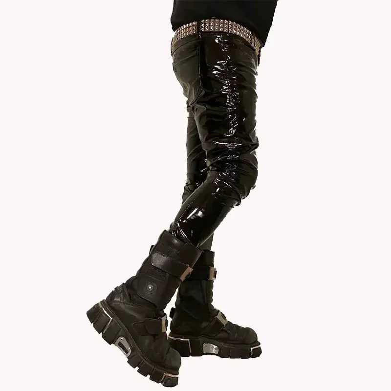 Mens Black PU Low Waist Bodycon Pencil Pants Male Rock Punk Stage Club Pants Gothic Stretch Patent Leather Trousers New Custom W250819