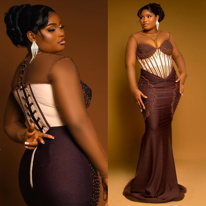 Brown Mermaid Prom Dress 2025 Evening Dresses Robe De Sorrie Sheer Neck Beaded Long Sleeves Crystals Birthday Dress Second Reception Gowns AM2697