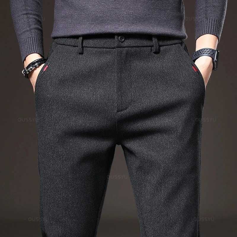 Autumn Mens Casual Pants Business Fashion Elastic Waist Slim Fit Stretch Thick Gray Black Cotton Trousers Male W250819