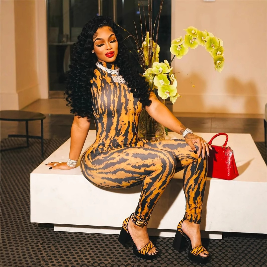 D9758 Womens Sexy Striped Print Back Hollow Short Sleeve Long Pants Jumpsuit