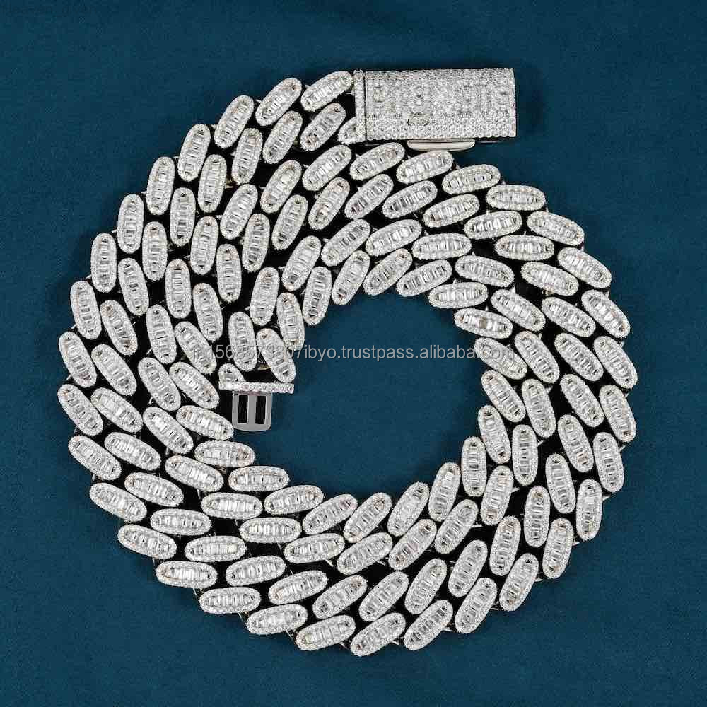 VVS1 D Color 15MM Baguette Miami Cuban Moissanite Diamond Cuban Link Chain 925 Sterling Silver Necklace for Sale