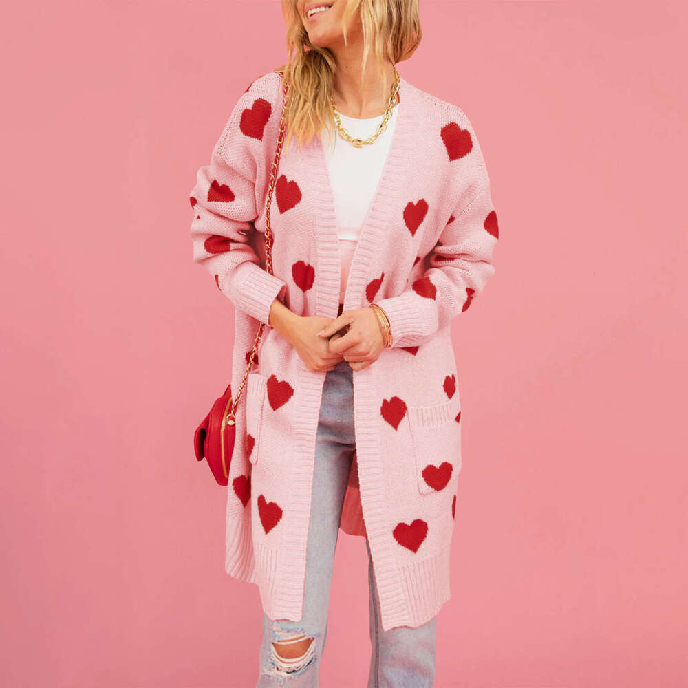 New Winter Valentine's Day Heart Knitted Mid-Length Plus Size Sweater Coat For Women B5