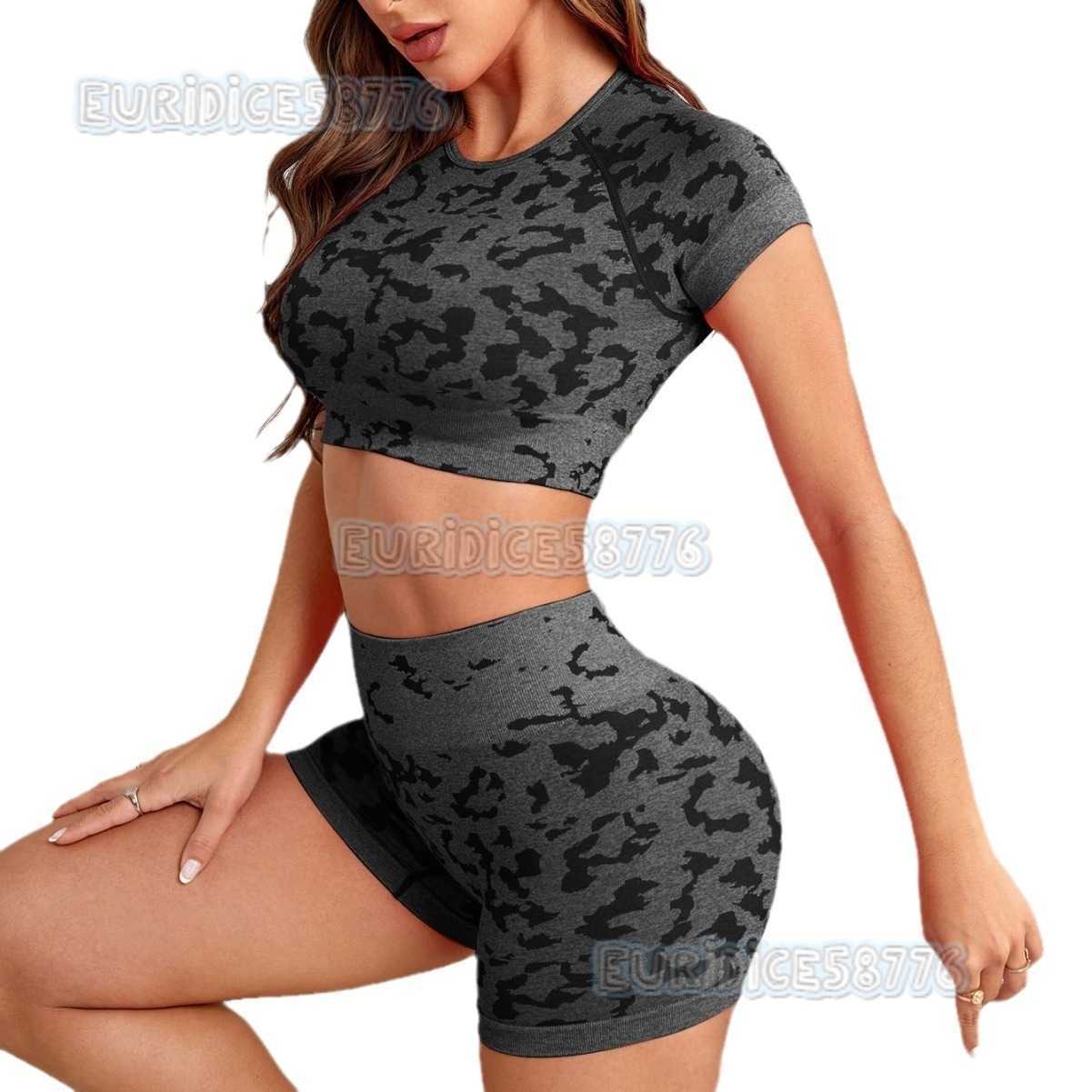 Camouflage Sports Tight Yoga Top for Women Quick-dry Running Breathable Hollow Seamless Short Sleeve Fitness Shirt H250819