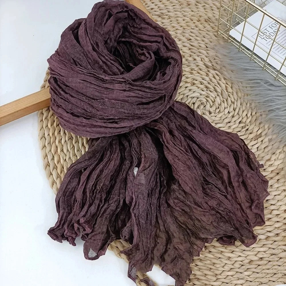 Cotton Linen Scarf Solid Color Female Literary Texture Fold Length Spring Autumn Winter Shawls Thin Fried Dough Twists Ethnic 250818