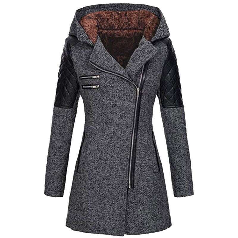 Women's Clothing Mid Length Hooded Loose Diagonal Zipper Woolen Windbreaker Jacket Composite Plush Cotton Clothes