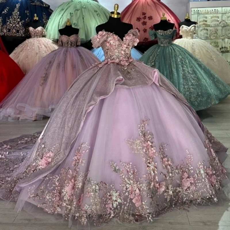 Lilac Shiny Princess Off Shoulder Quinceanera Dresses Sequin Applique Flower Beads Tull Sweet 16 Dress Ball Gown Vestidos 15 Anos