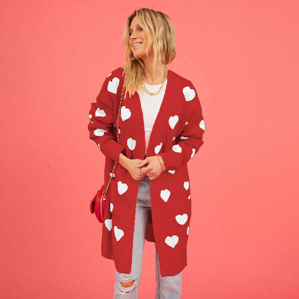 Women's New Valentine's Day Heart Pocket V-Neck Mid-Length Knitted Cardigan Jacket B5