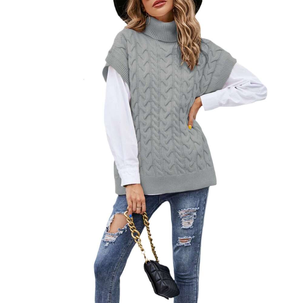 Autumn Winter New Temu Sleeveless Button Rope Vest Knitted Loose Pullover High Neck Sweater For Women B5