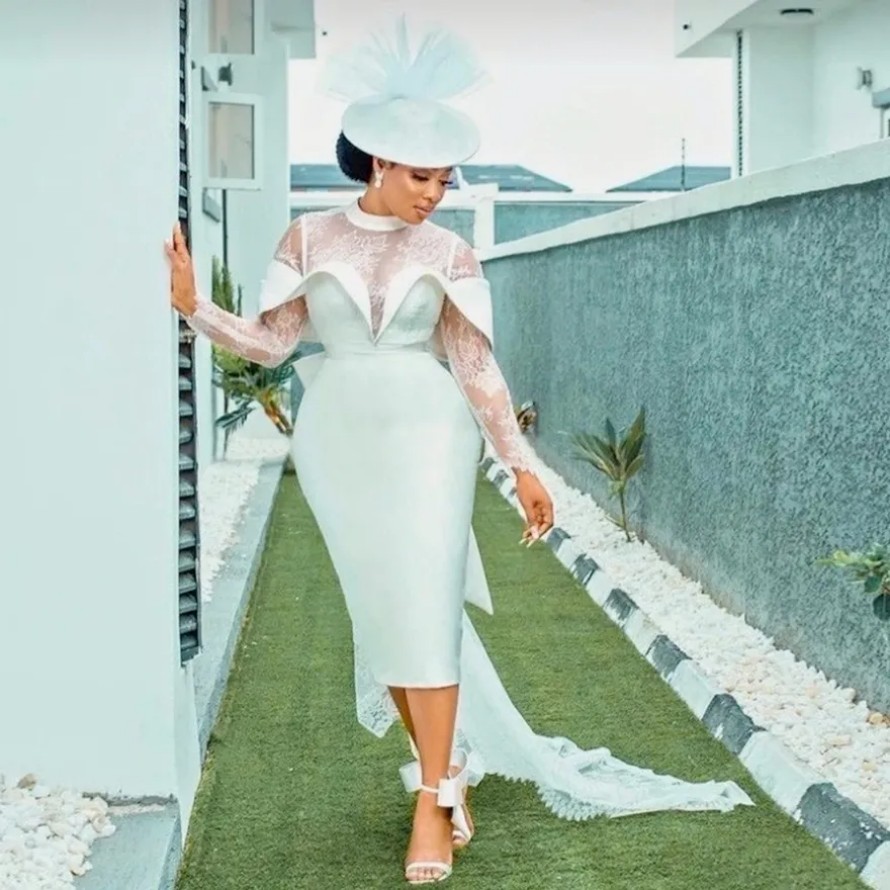 Modern Lace Wedding Dress Sheath HIgh Collar Long Sleeves Short Wedding Gown Backless Lace Up Tea Length Elegant Marriage Dress