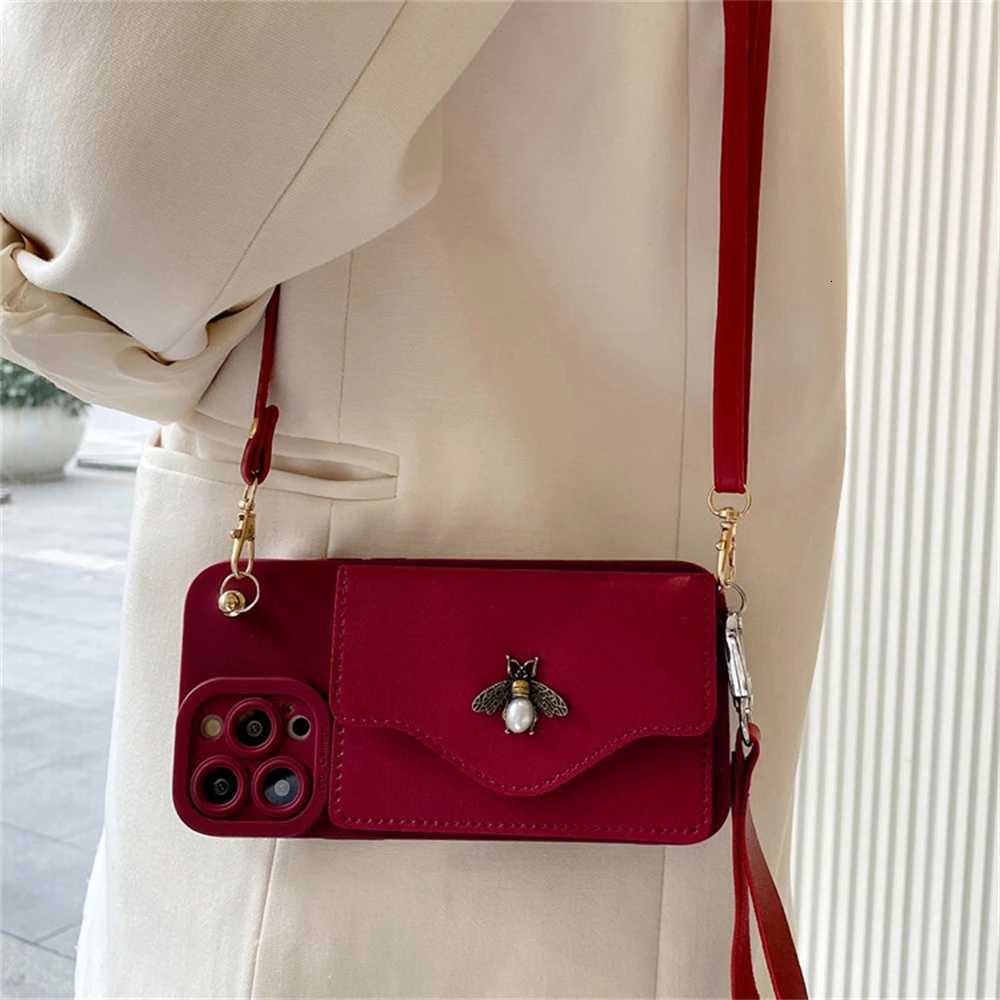 Luxury 3D Pearl Bee Leather Card Bag Crossbody Lanyard Soft Case For iPhone 16 15 14 Pro Max 13 12 11 XS X XR Plus Mini SE Cover Z250819