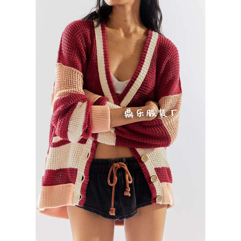 New Autumn Winter Knitted Coat Plus Size Pocket Color Block Cardigan Sweater Women's Clothing B5