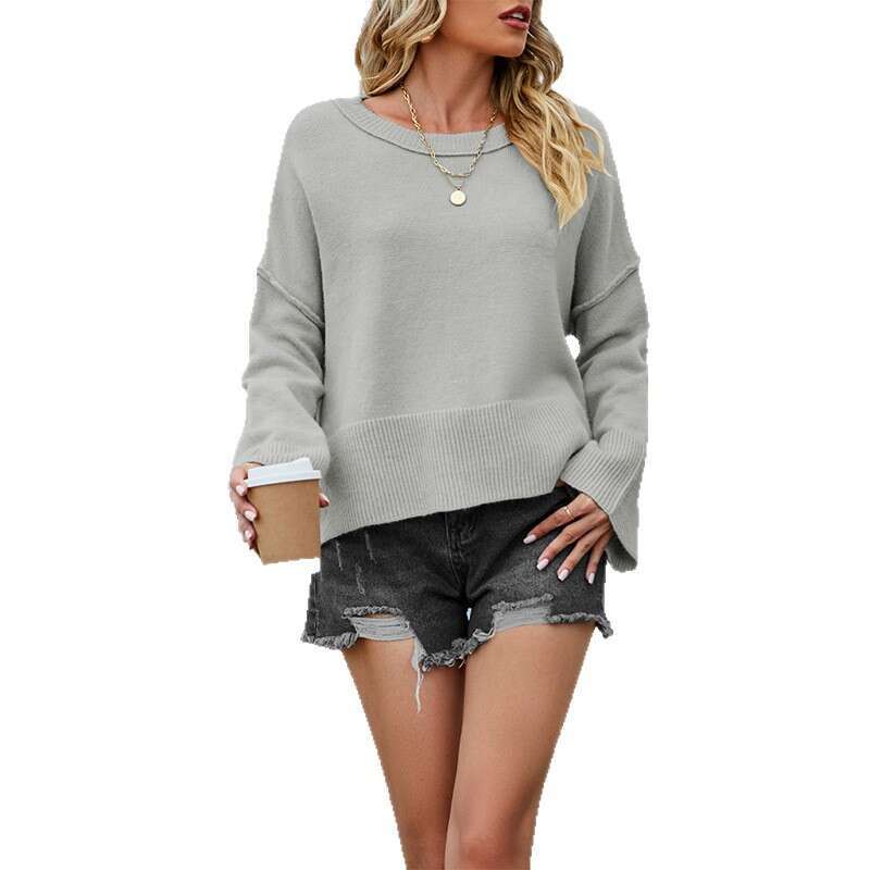 Autumn And Winter New Women's Clothing Street Style Flared Sleeve Solid Color Round Neck Sweater B5