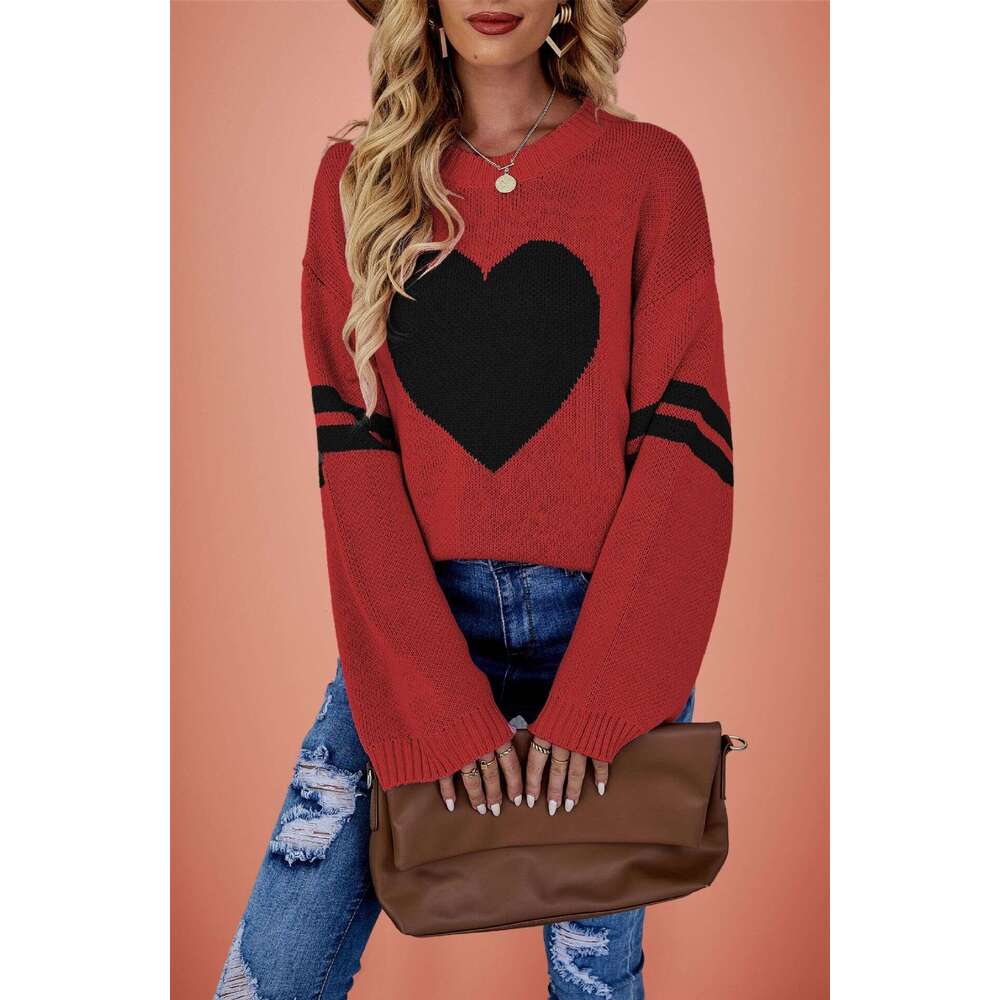 New Women's Autumn Winter Sweater Color Block Valentine's Day Heart Round Neck Knit B5